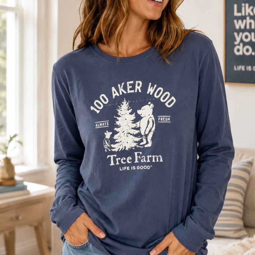 Life Is Good 100 Aker Wood Tree Farm Long Sleeve Graphic Tee Women's XL Blue
